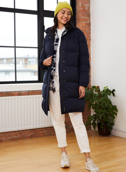 long navy down coat