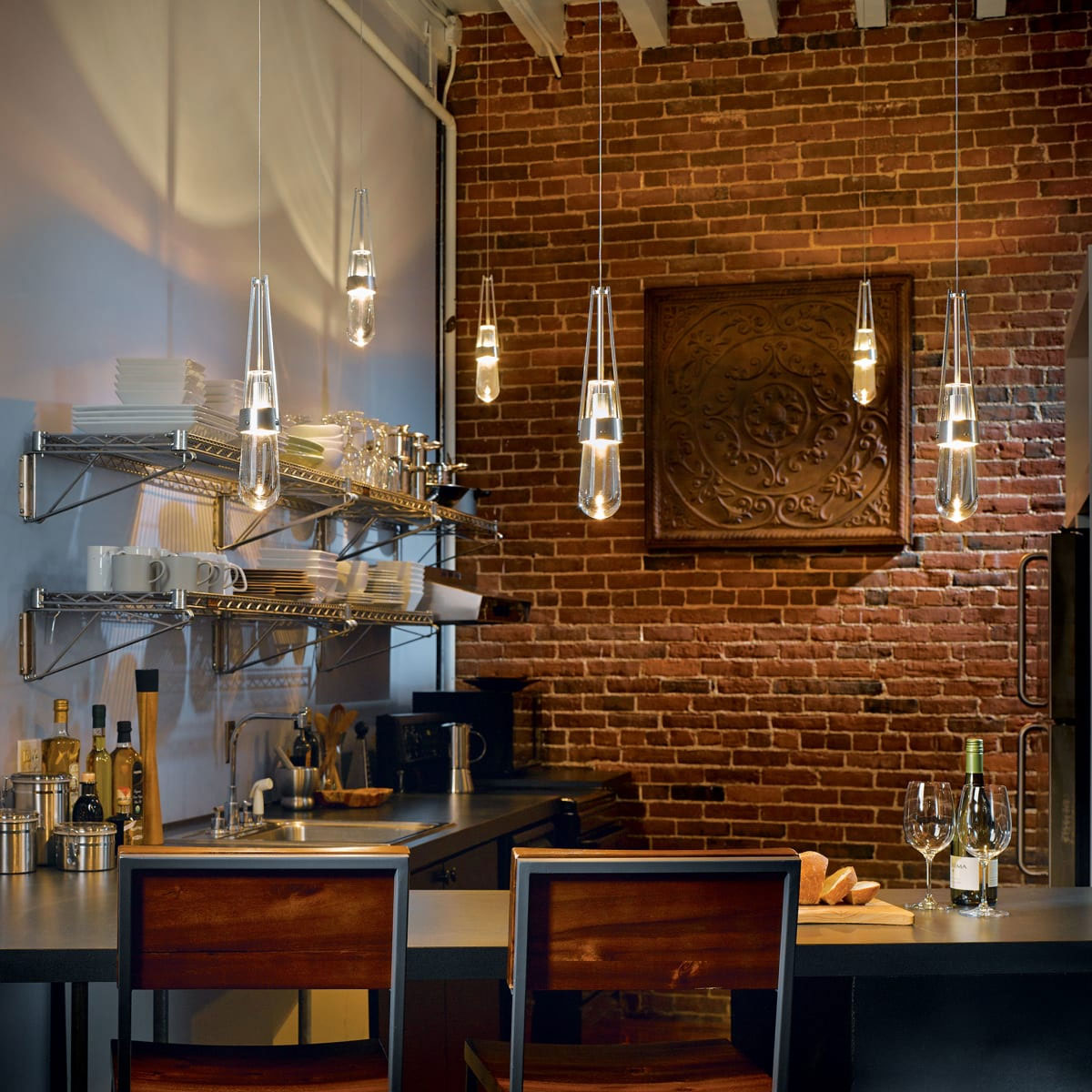 Red brick wall with industrial lighting