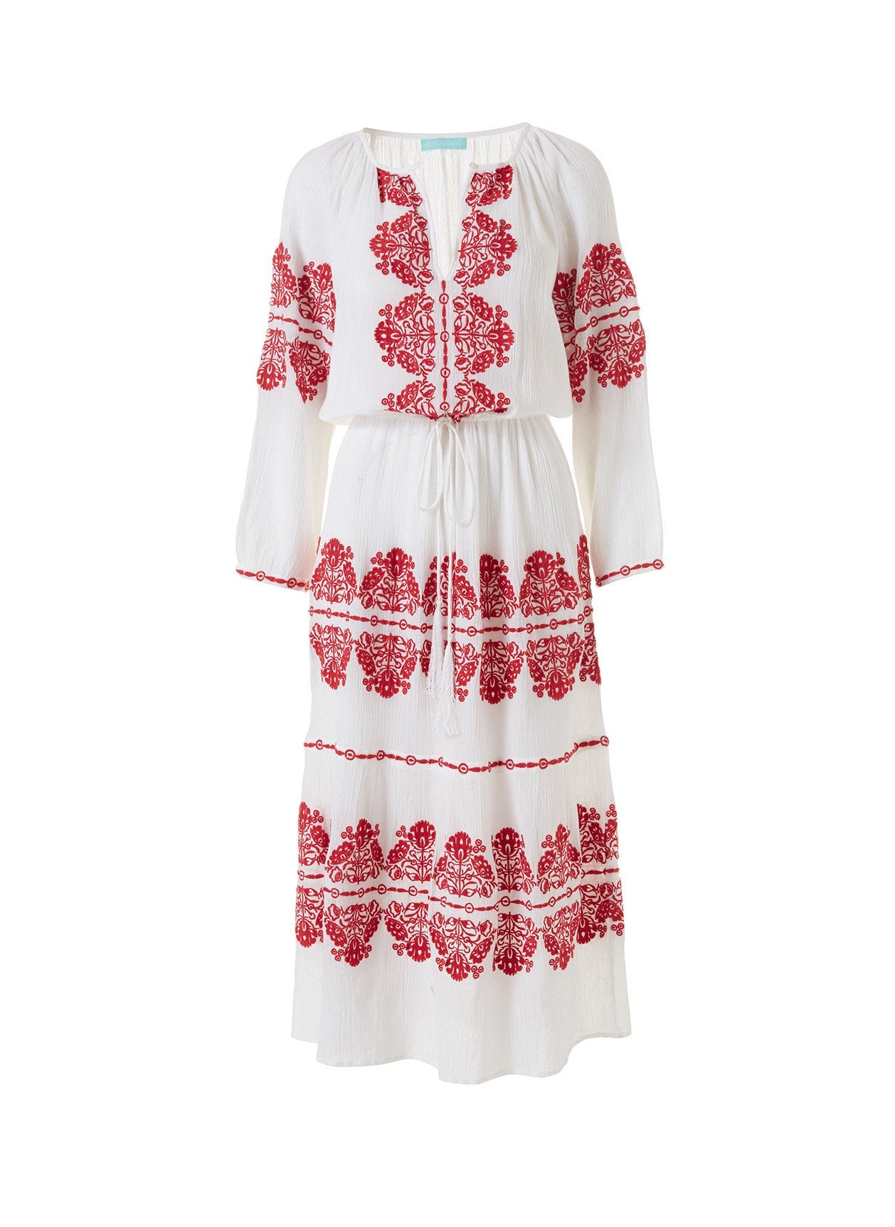 Lela White/Red Embroidered Belted Midi 