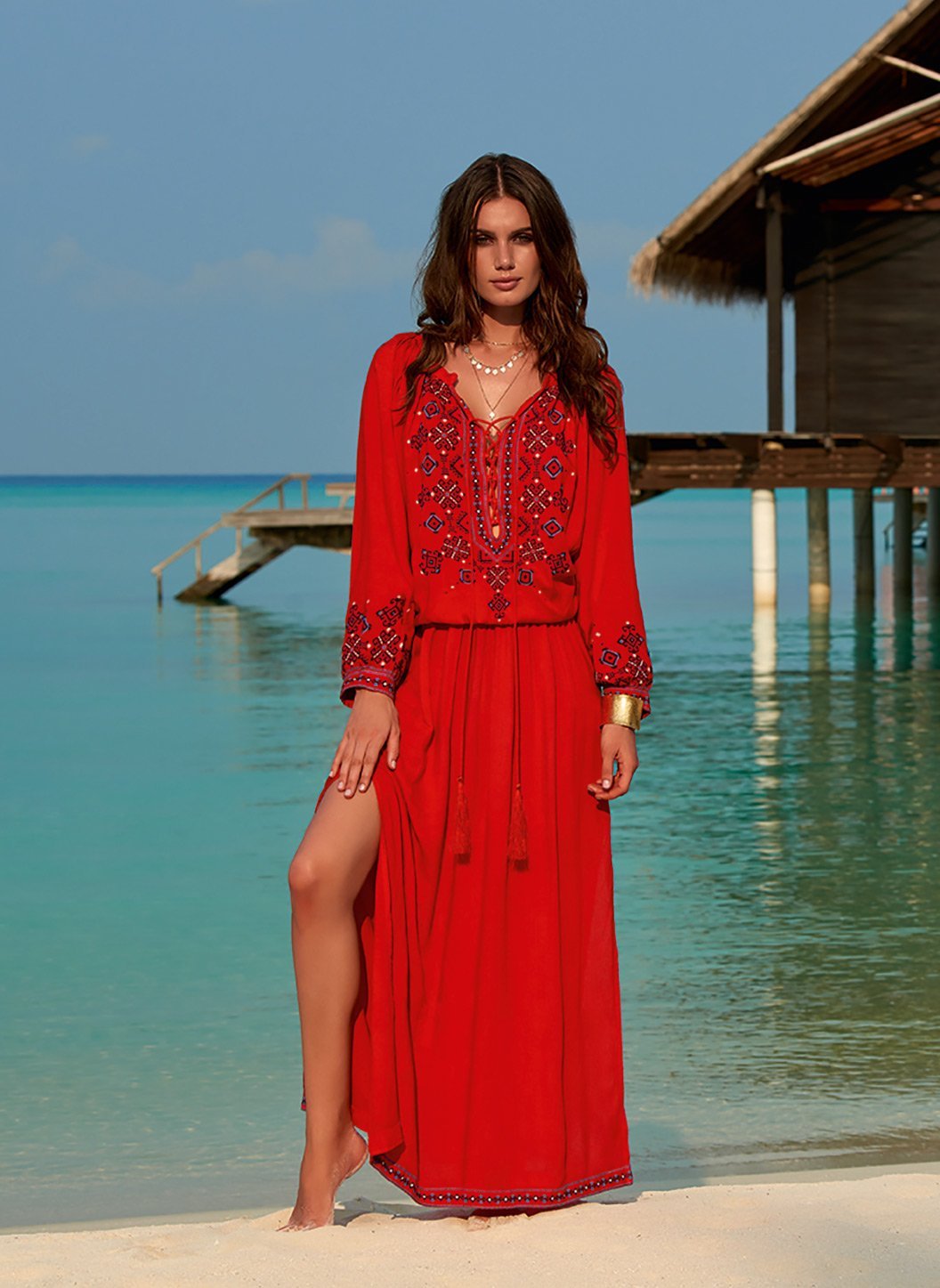 red embroidered maxi dress