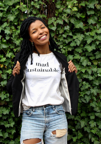 Woman in Sustainability in shirt that say 'mad sustainably'