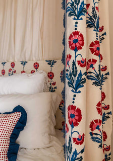 Molly Mahon Dianthus fabric design on a four poster bed with matching seed design cushion set in a Georgian house interior