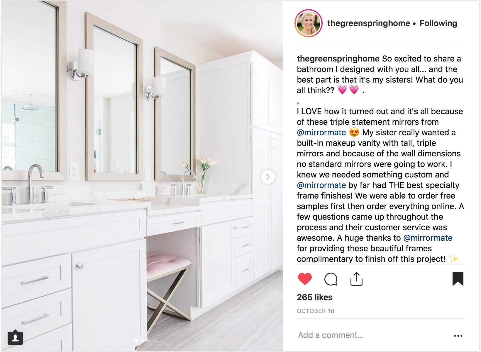 The Green Spring Home's Instagram Featuring MirrorMate