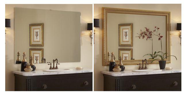 Before and after images of an unframed mirror fitted with a custom-cut frame by MirrorMate. 