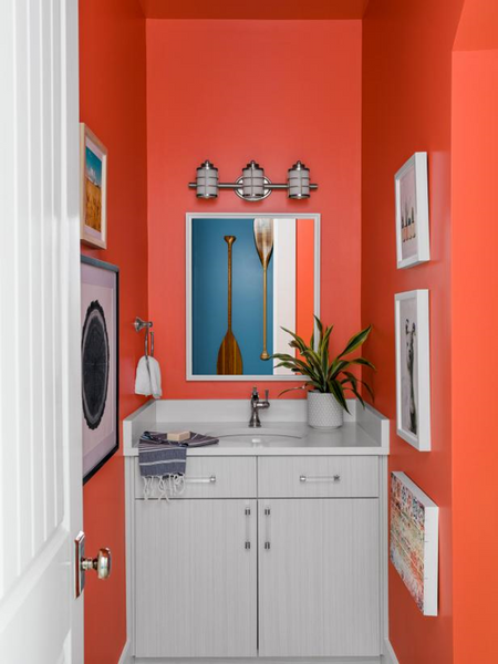 Orange Bathroom with White Vanity