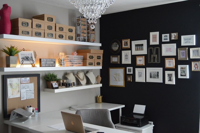 Creative and Chic Office Idea with Black Walls and Gold and Pink Color Scheme | Megan Fenno 