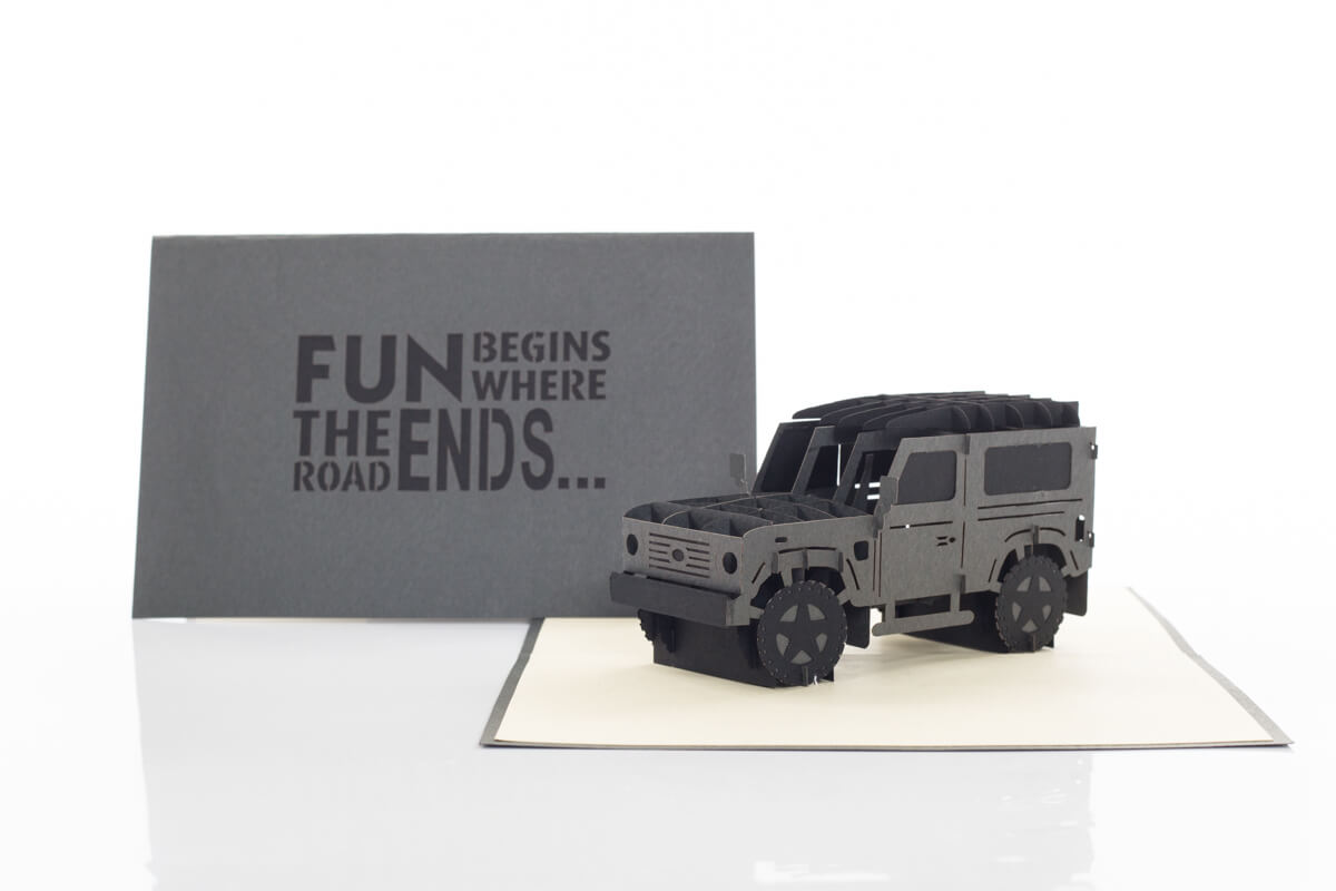 Fathers Day Pop Up Card featuring a pop up Land Rover with cover reading "Fun Begins Where The Road Ends"