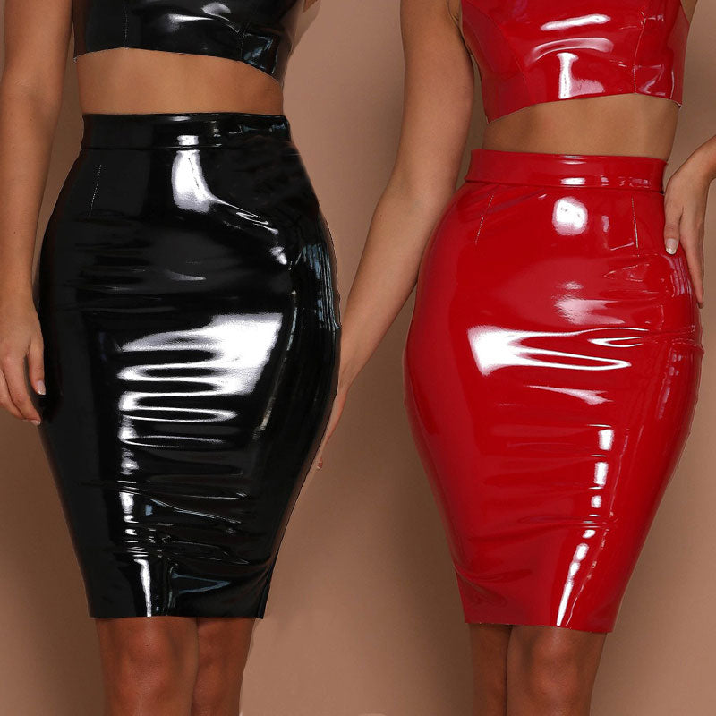 Women Sexy Mini Elegant Bodycon Latex Skirt High Wai