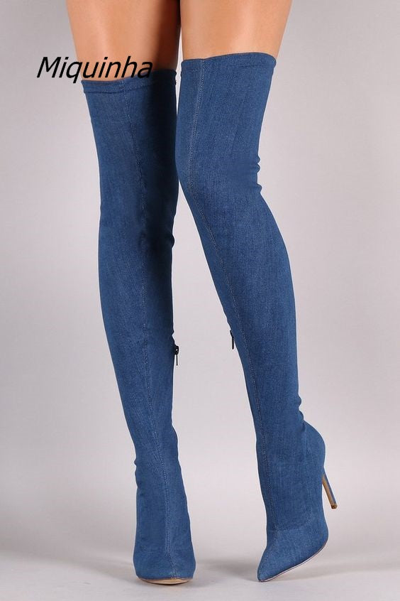 blue jean knee high boots