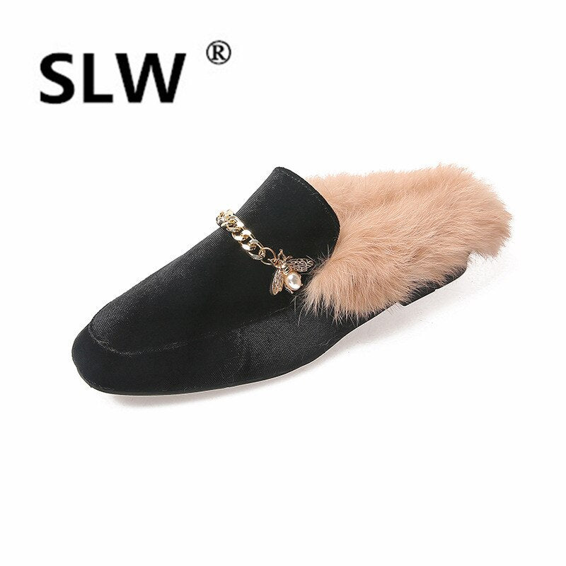 closed toe slides with fur