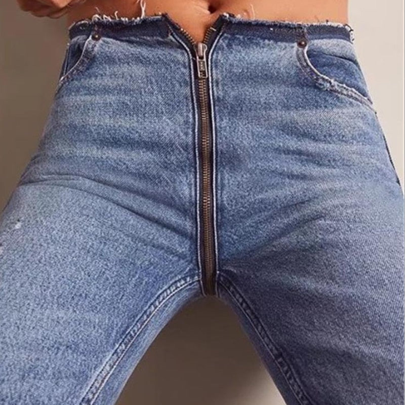 high waisted jeans with zip at back