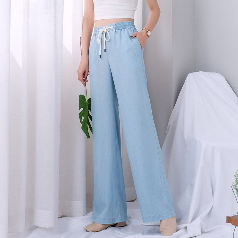 casual elastic high waist denim wide leg pants