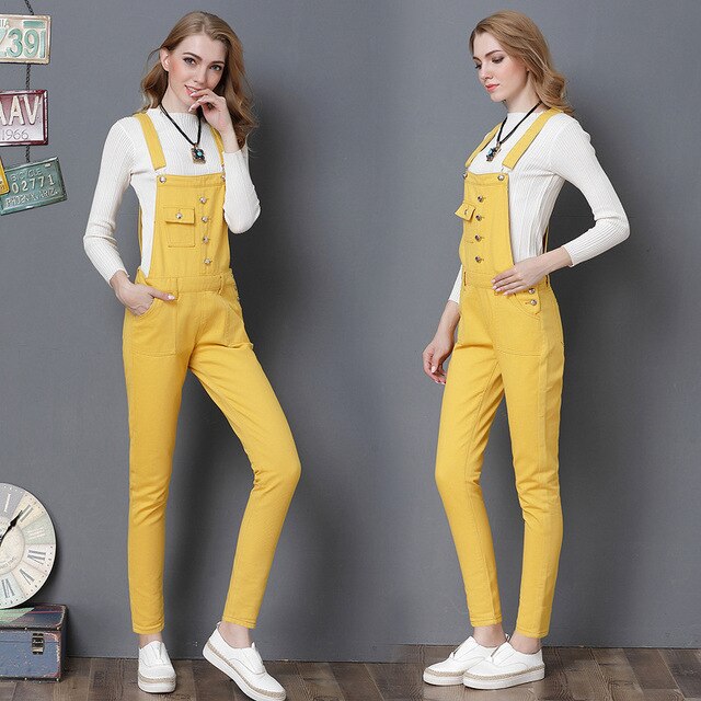 yellow denim overalls