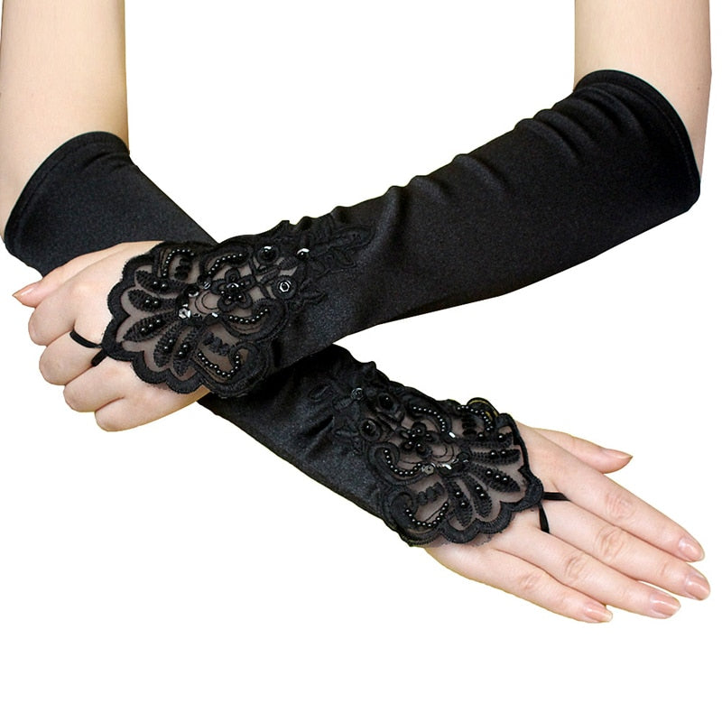 elbow length black lace fingerless gloves