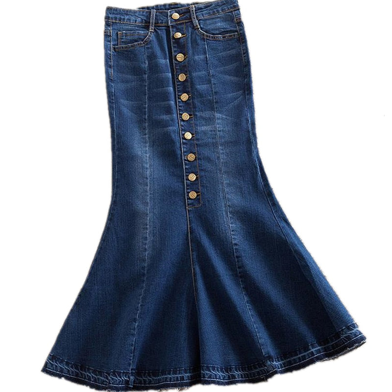 high waisted long denim skirt
