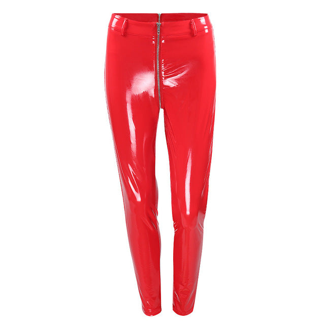 red shiny leather pants
