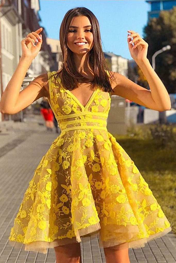 yellow a line prom dress