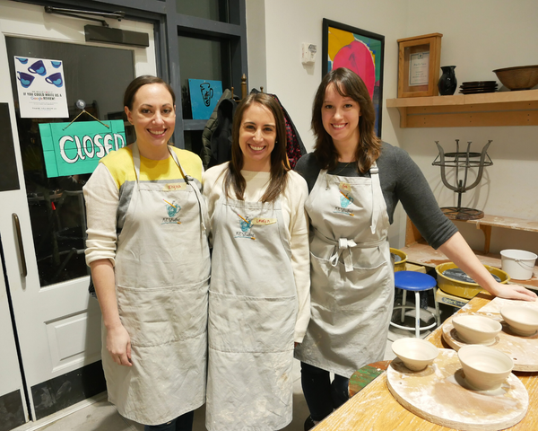 Learning pottery with friend at our Alpharetta pottery studios. girls night out