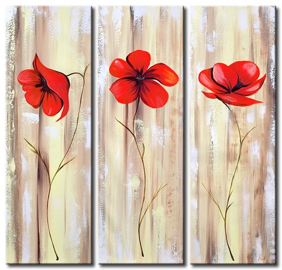 3 Piece Paintings, Acrylic Flower Paintings, Abstract Flower Paintings, Red Poppy Flower Paintings, Easy Flower Paintings for Beginners