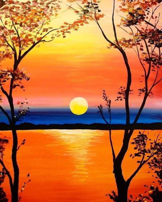 Easy Landscape Painting Ideas for Beginners, Tree Painting Ideas, Easy Landscape Painting Ideas, Sunrise Painting