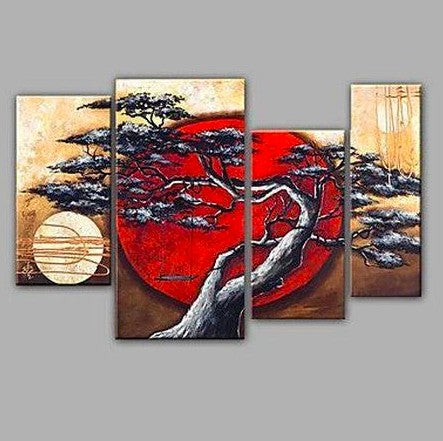 4 Piece Canvas Art, Abstract Art, Moon and Tree Painting, Large Painting for Sale