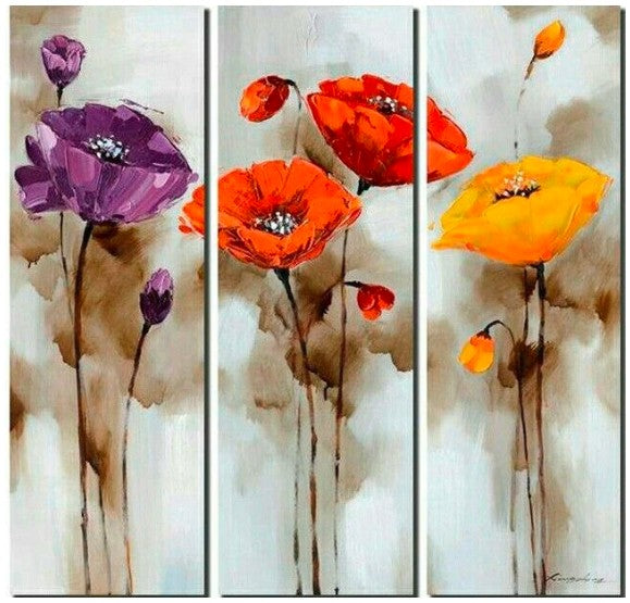 Poppy Flower Paintings, 3 Piece Painting, Acrylic Flower Painting, Flower Painting Abstract, Modern Flower Paintings