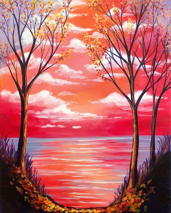 Easy Landscape Painting Ideas for Beginners, Simple Tree Paintings, Beautiful Landscape Paintings, Tree Painting, Sunset Painting