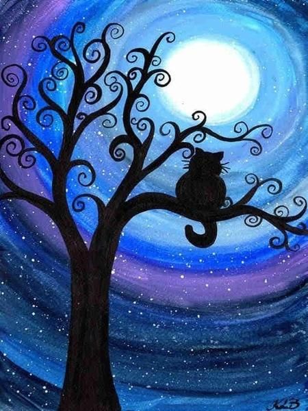 Easy Landscape Paintings Ideas for Beginners , Cat Painting, Night Sky Painting, Acrylic Landscape Paintings