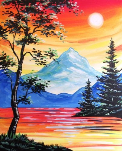 Easy Landscape Paintings Ideas for Beginners , Sunset Painting, Acrylic Landscape Paintings, Mountain Landscape Paintings