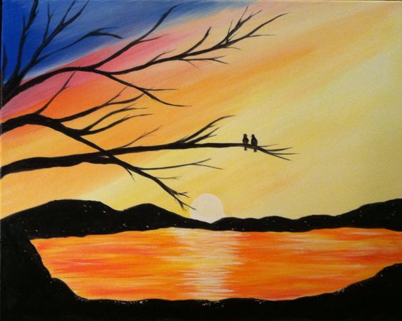 Easy Landscape Painting Ideas for Beginners, Love Birds Paintings, Beautiful Landscape Paintings, Sunset Painting