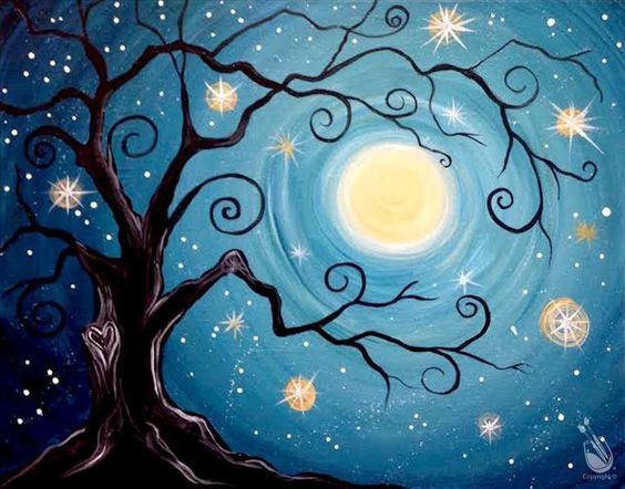 Night Sky Painting, Easy Tree Paintings, Acrylic Landscape Paintings, Easy Landscape Paintings Ideas for Beginners