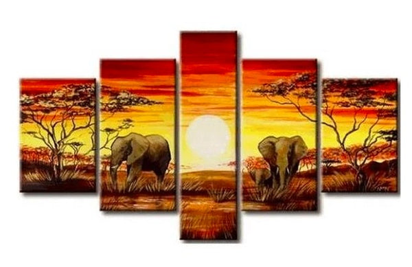 African Painting, Elephant Painting, Living Room Art, 5 Piece Wall Art