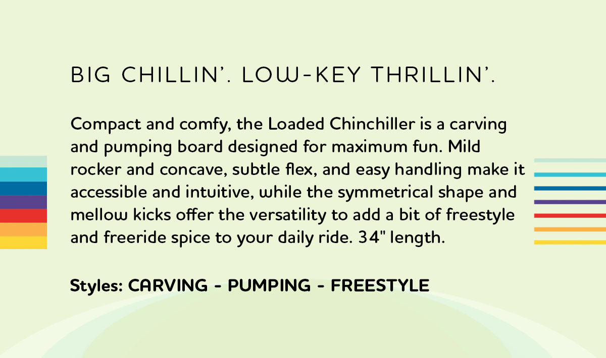 Experience the ultimate ride with the Loaded Chinchiller longboard, perfect for carving, pumping, and playful tricks. This 34″ long and 8.5″ wide board boasts a symmetrical shape with mild rocker and concave, offering a versatile and comfortable ride. Its subtle flex and lightweight design, featuring a bamboo core and fiberglass construction, make it ideal for cruising and freeride adventures. Equipped with Paris V2 150mm trucks, Orangatang 65mm wheels, and Loaded Jehu V2 bearings, the Chinchiller ensures smooth handling and responsive performance. Embrace the thrill with this Kyle Chin collaboration, adorned with unique RETOKA artwork, offering both style and functionality for skaters seeking a mix of comfort and creativity.