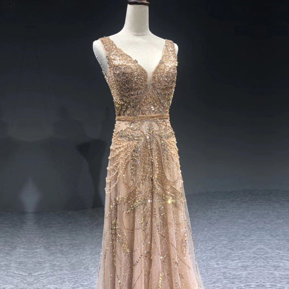 gold beaded evening gown