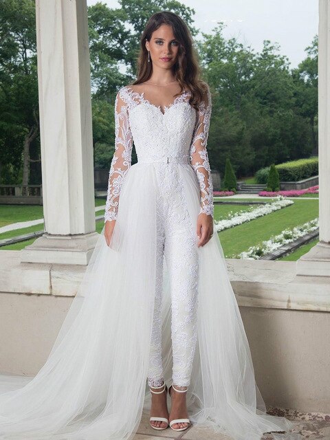 white wedding jumpsuit with train