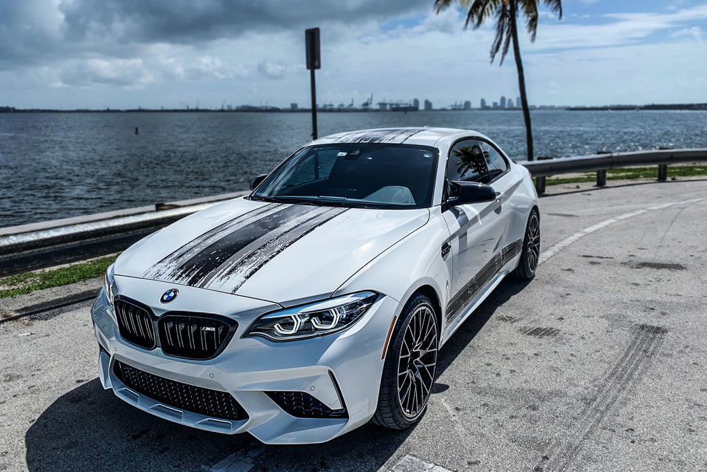 Custom Scratched Martini Racing Stripes on BMW Outside