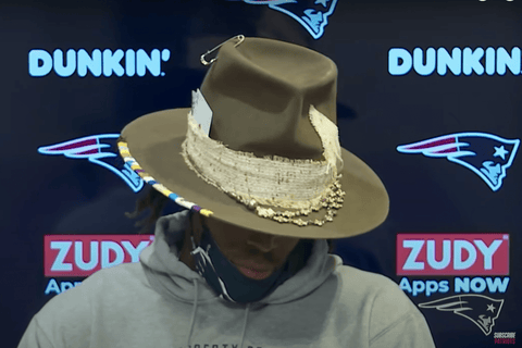 Cam Newton Hat Patriots Press Conference