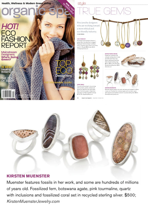 An image of Kirsten Muenster Jewelry featured in Organic Spa Magazine Sept/Oct Issue.
