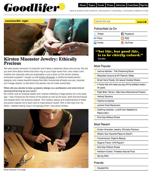 An image of Kirsten Muenster Jewelry featured on the Goodlifer blog in the 'Sustainable Style Interview' post.