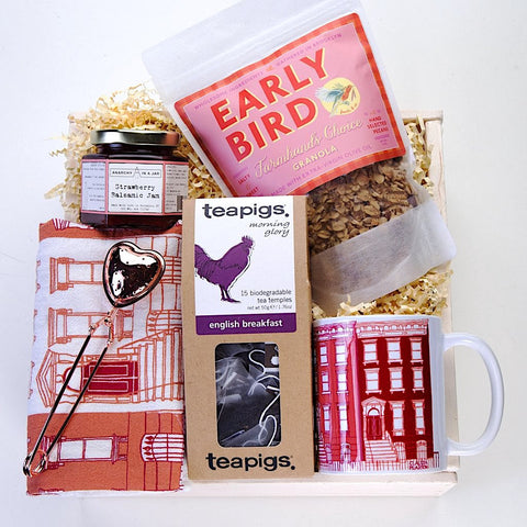 Tea For Two Mother's Day Gift Set. Early Bird granola, Claudia Pearson tea towel, brownstomes mug, Anarchy in a Jar jam