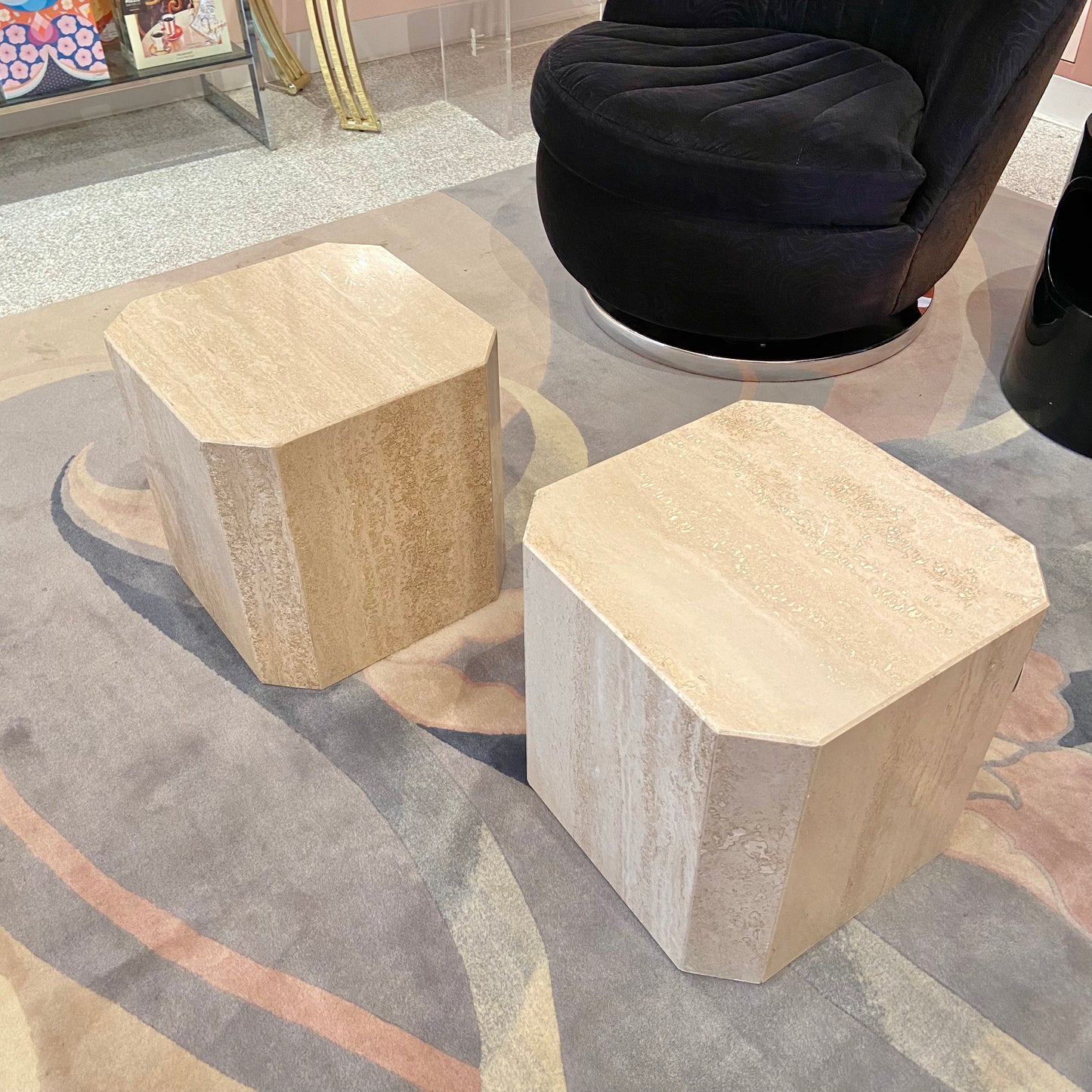 Vintage Polished Travertine Cube Side Table