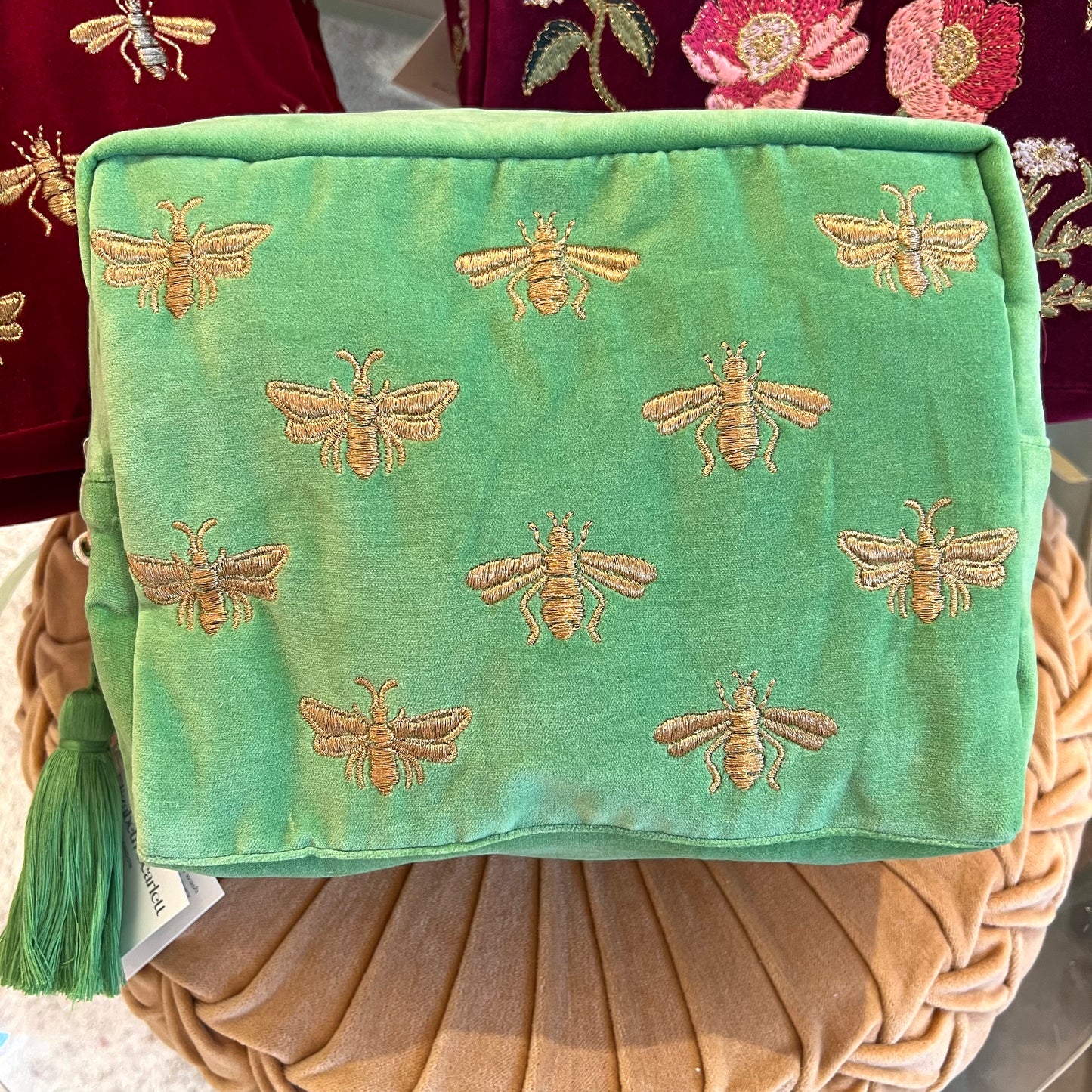 Honey Bee Green Velvet Wash Bag