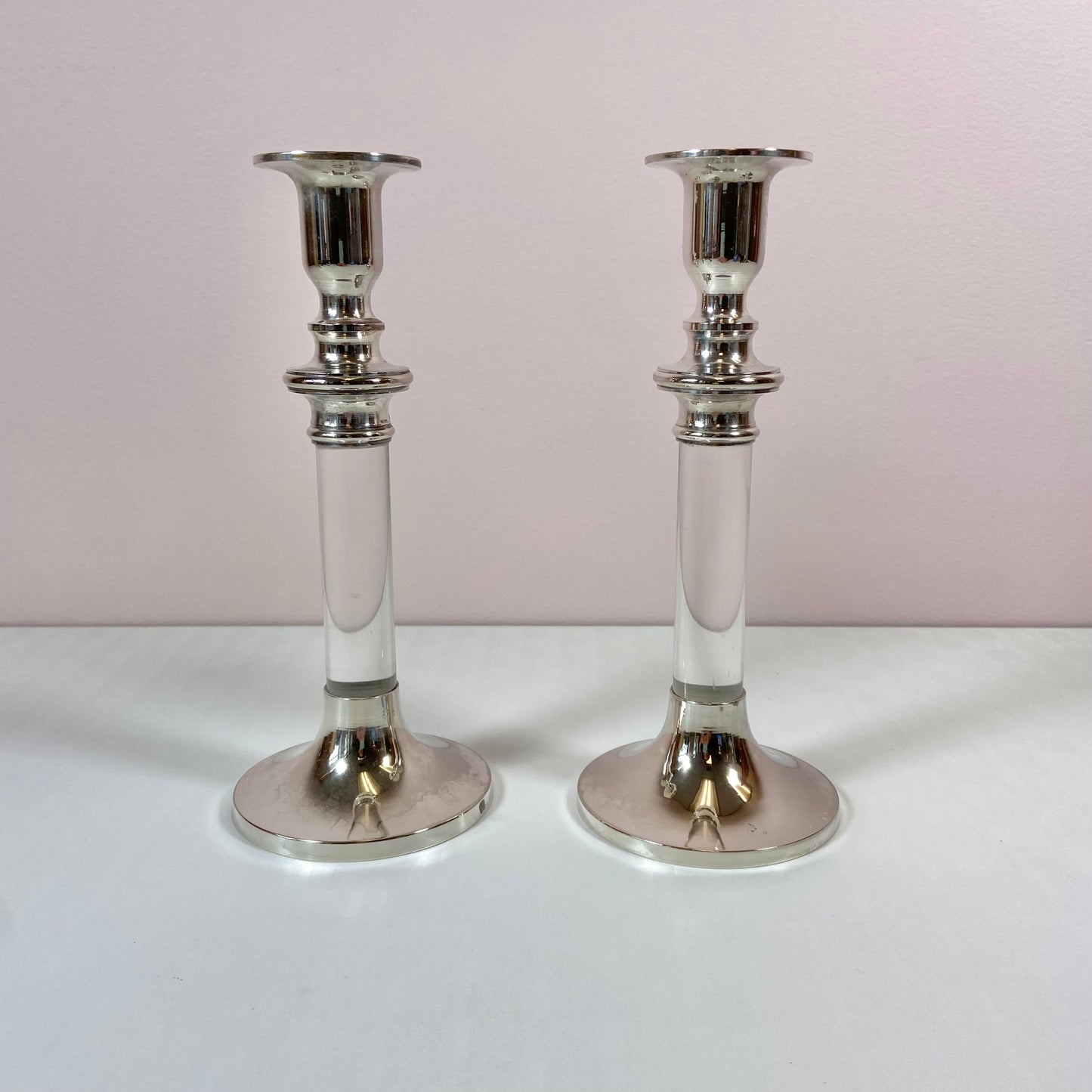 Pair of Vintage Silver Plate and Lucite Candlestick Holders