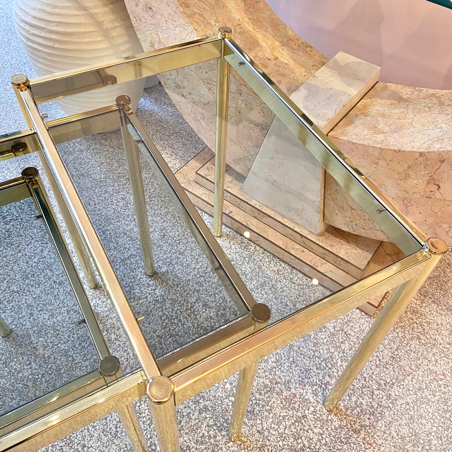 Vintage DIA Style Brass and Smoked Glass Nesting Tables