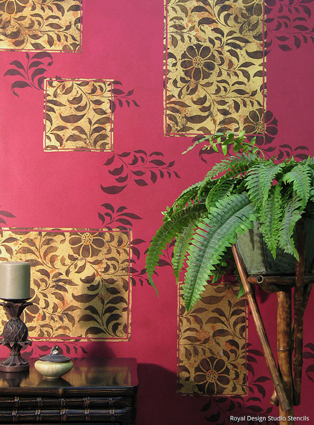 Royal Recipe from Royal Design Studio: How to Stencil Tutorial Floral Accent Wall Finish with Gold Leaf and Wall Stencils