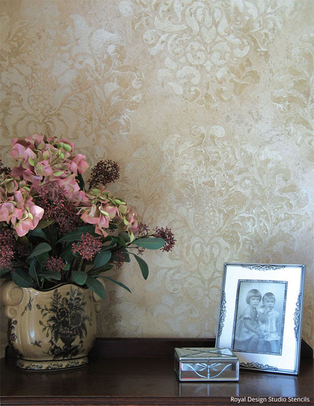 Royal Recipe from Royal Design Studio: How to Stencil Tutorial Lace Pattern on Sandstone Plaster Walls