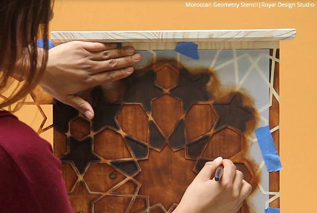 DIY VIDEO TUTORIAL - How to Stencil & Stain Furniture with a Faux Wood Inlay Design - Royal Design Studio Moroccan Furniture Stencils