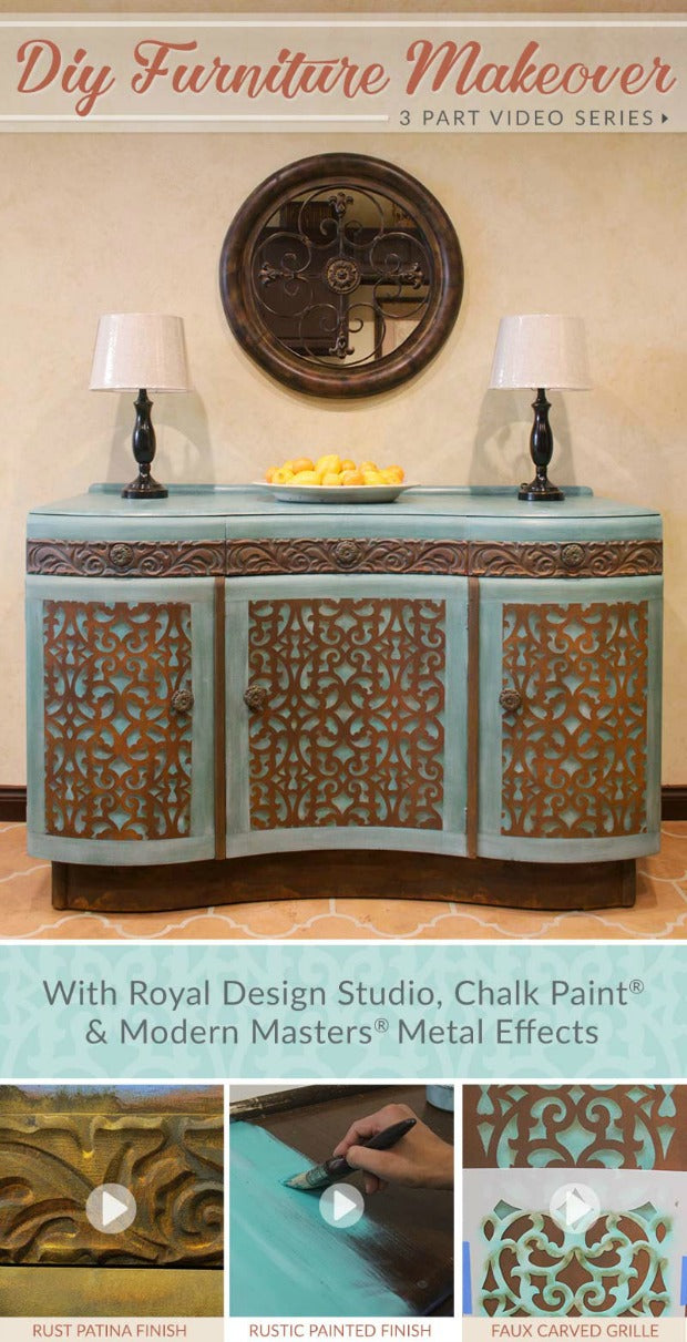 DIY Furniture Makeover 3 Part VIDEO TUTORIAL Series: Rust Finish, Stencil Grille and Distressed Chalk Paint