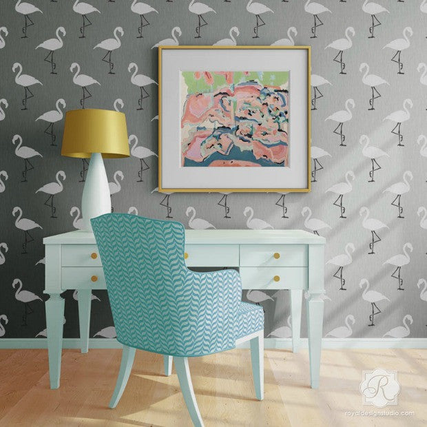 A Flock of Flamingo Stenciled Rooms! 11 DIY Decorating Ideas using Flamingo Wallpaper Wall Stencils - Royal Design Studio