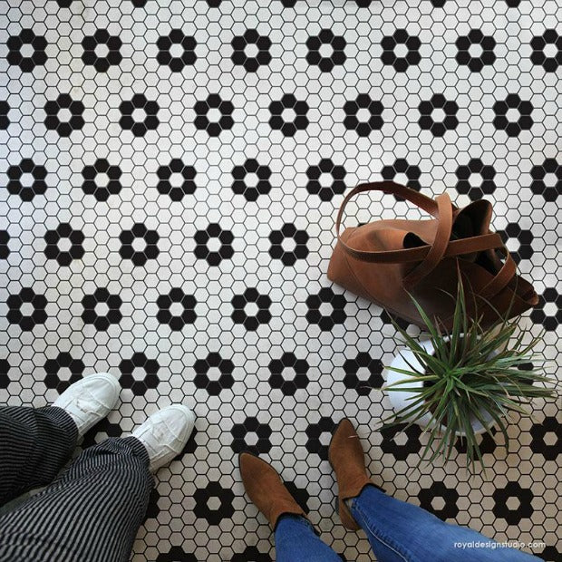 Penny for Your Thoughts: Hexagon Floor Tile Stencils - Easy DIY Decor Ideas for Painting Floor Tiles - royaldesignstudio.com
